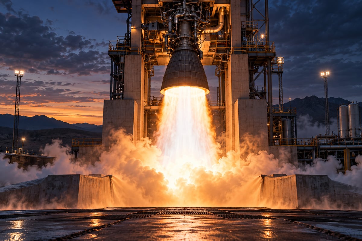 Original conceptual rocket engine performing a controlled hot-fire test