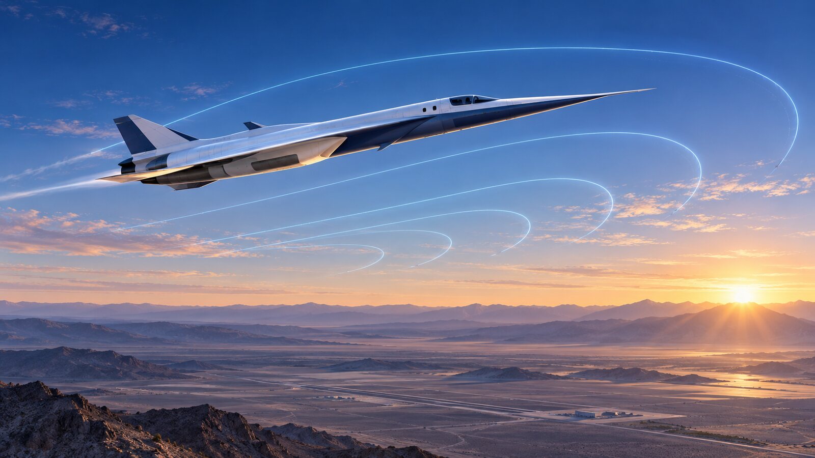 AI-generated illustration of a fictional long-nosed research aircraft tracing six flight paths over a desert range; it is not a photograph or official X-59 rendering.