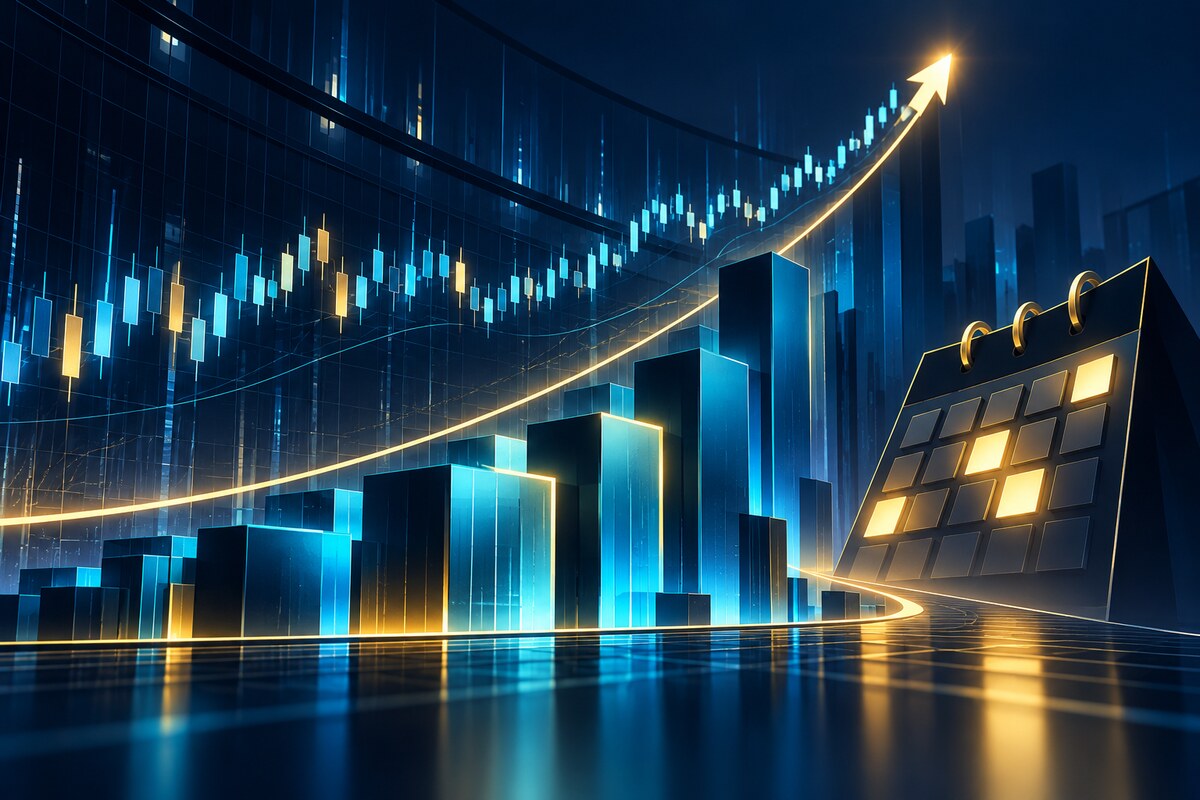 AI-generated illustration of rising market bars, a calendar and an upward chart; it is not a photograph of a Nasdaq trading session.