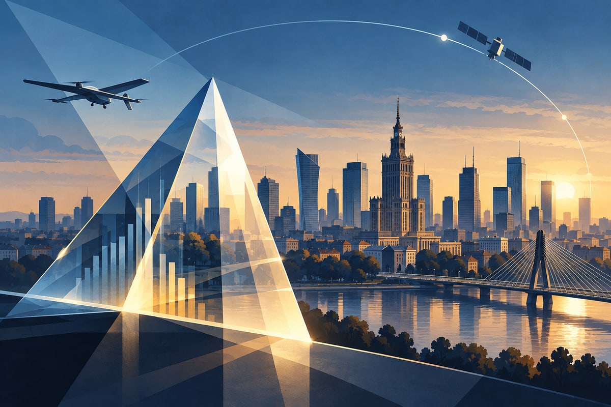 Conceptual Warsaw skyline with investment forms, a drone silhouette and orbital arc