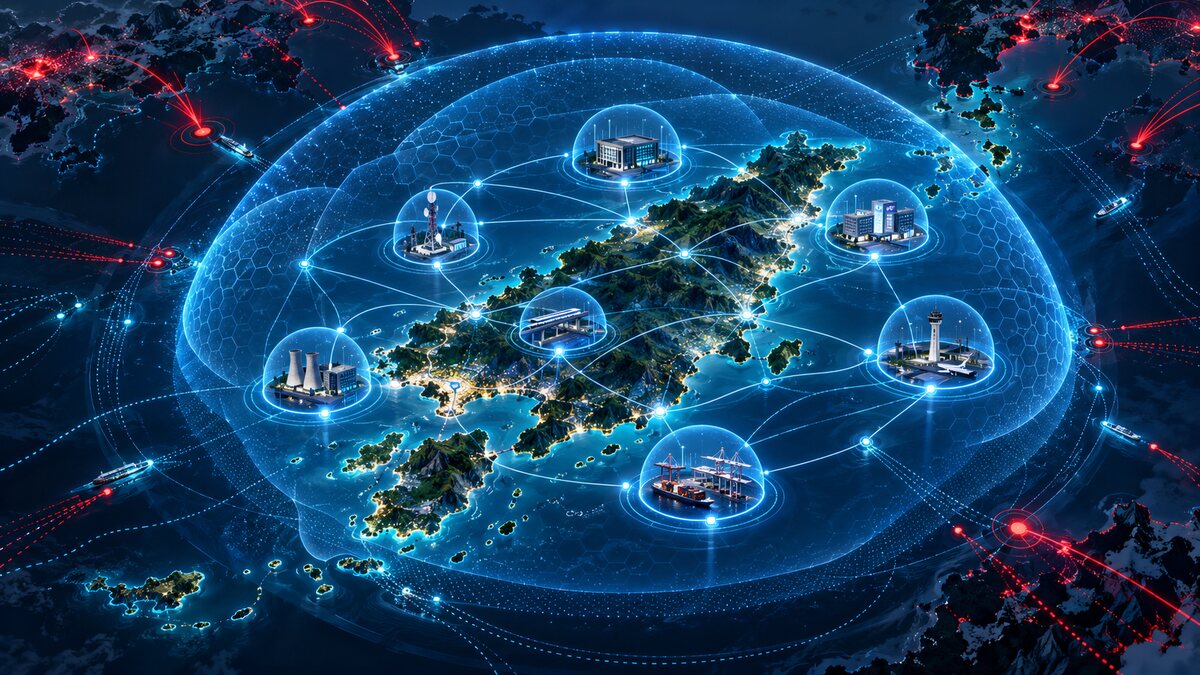 AI-generated illustration. A conceptual island-shaped digital network sits beneath layered cyber shields; it is not a map of actual intrusions.