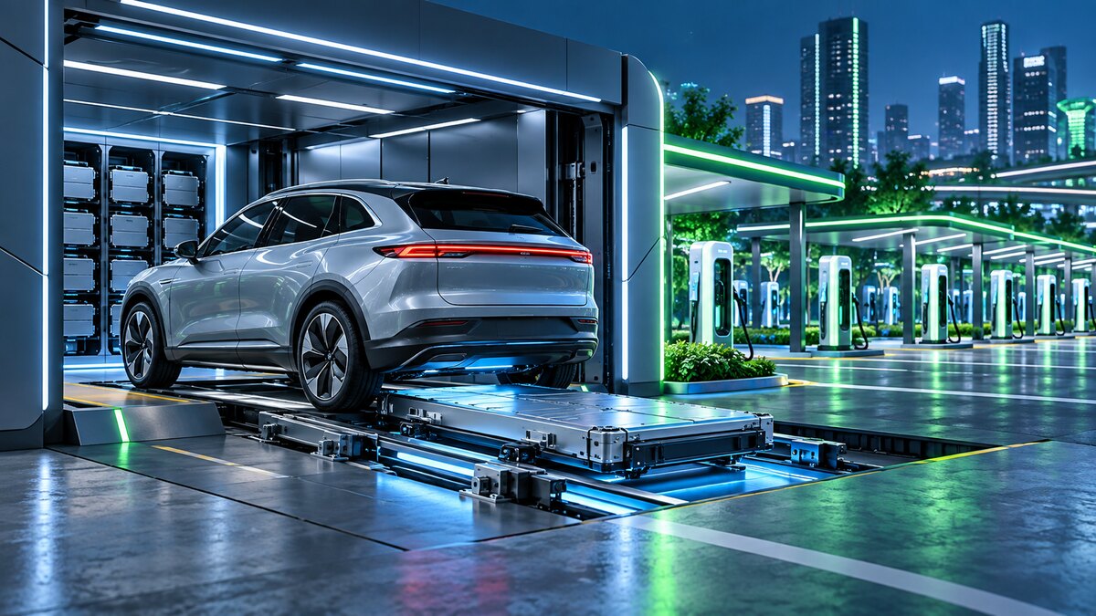 AI-generated illustration of an unbranded electric crossover in a battery-swap bay beside charging stations; it is not a photograph of either company.
