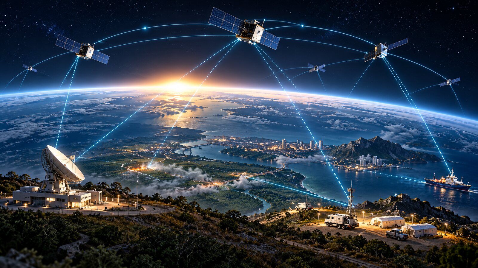 AI-generated illustration of a fictional low-Earth-orbit satellite network linked to ground and emergency terminals; it is not an official Nokia or ICEYE rendering.