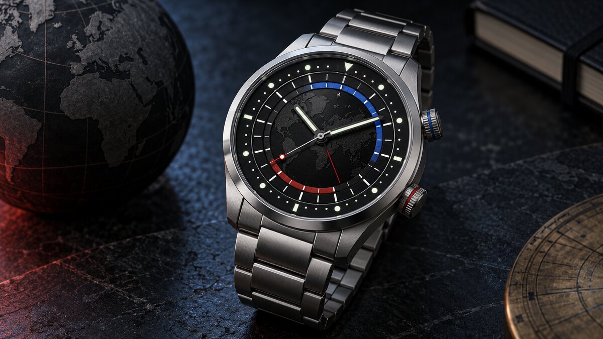 AI-generated illustration of an original minimalist black-dial world-time watch; it is not a photograph or reproduction of the Nomos model.