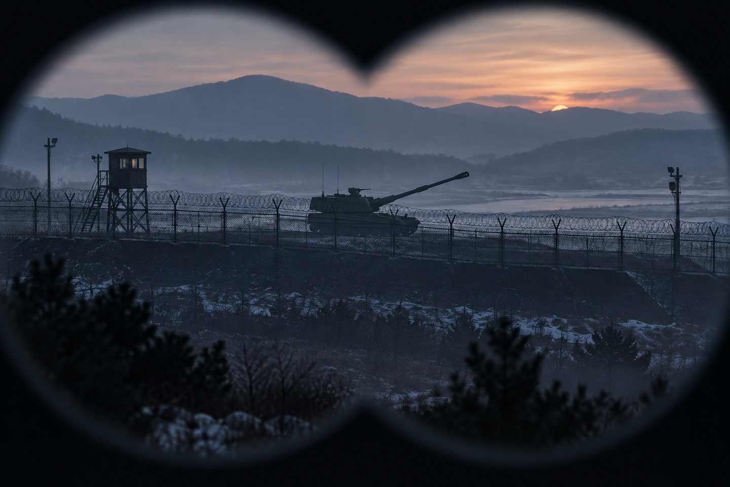 Original conceptual illustration of a distant self-propelled artillery vehicle behind a fortified border fence at cold dawn