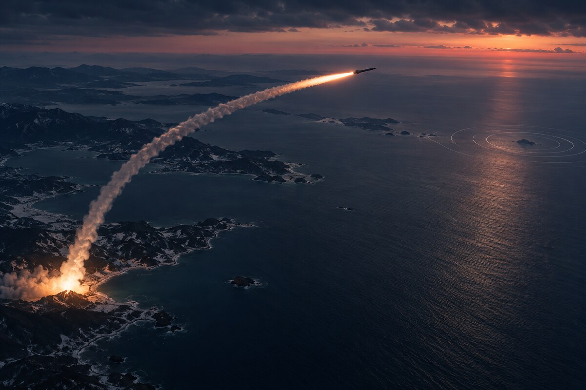 AI-generated illustration of a generic missile contrail bending over an empty coastal test range and sea; it is not a photograph of North Korea's reported drill.