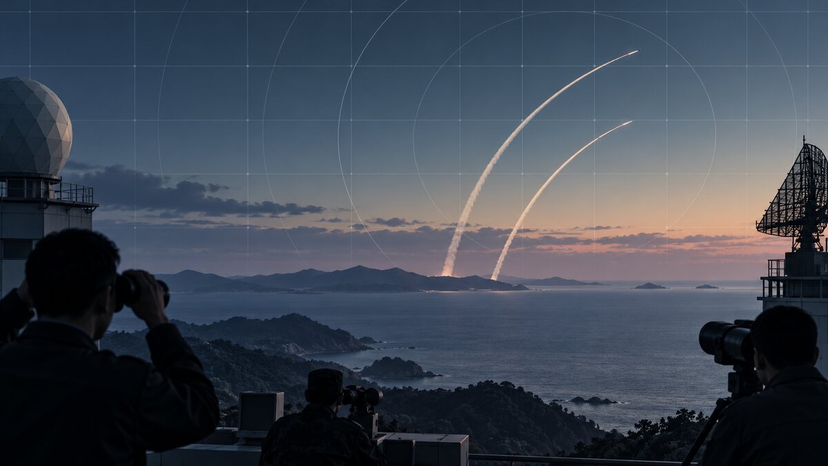 AI-generated illustration. Two distant missile trails are observed through a restrained monitoring grid; not a real North Korean launch or operational display.