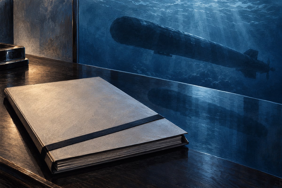 Closed press dossier beside an abstract underwater capsule silhouette behind glass