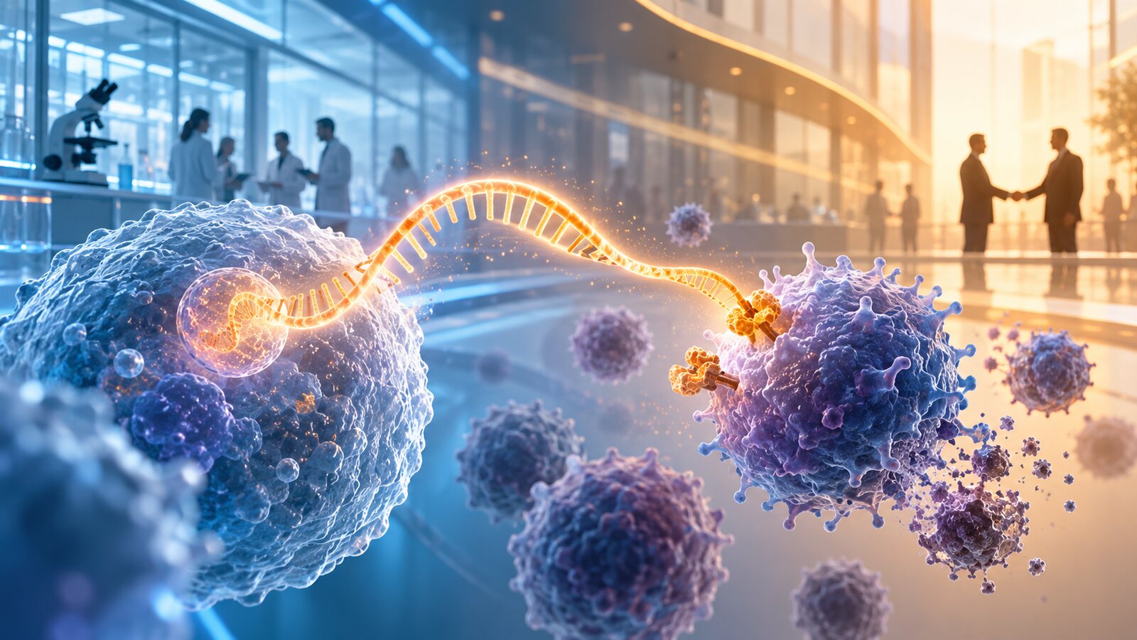 AI-generated illustration of a glowing messenger RNA strand and immune cell in a fictional research atrium; it is not a photograph of Novartis, Abogen or a clinical treatment.