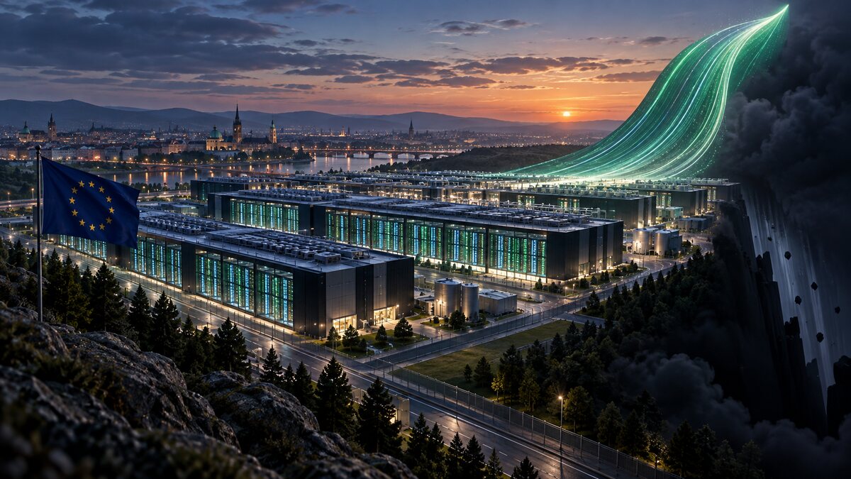 AI-generated illustration. A vast European AI data-center campus with an abstract rising light ribbon and deep shadow; not an Nscale facility or IPO document.