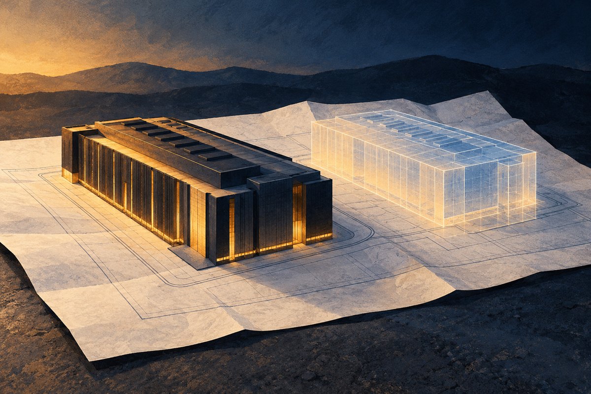 Conceptual server buildings, one solid and one translucent, on a blank plan