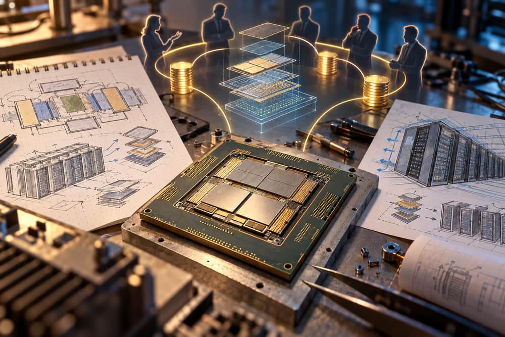 AI-generated illustration of an unfinished data-center processor prototype, architecture sketches and abstract funding circles; it is not a photograph of Nuvacore or its technology.