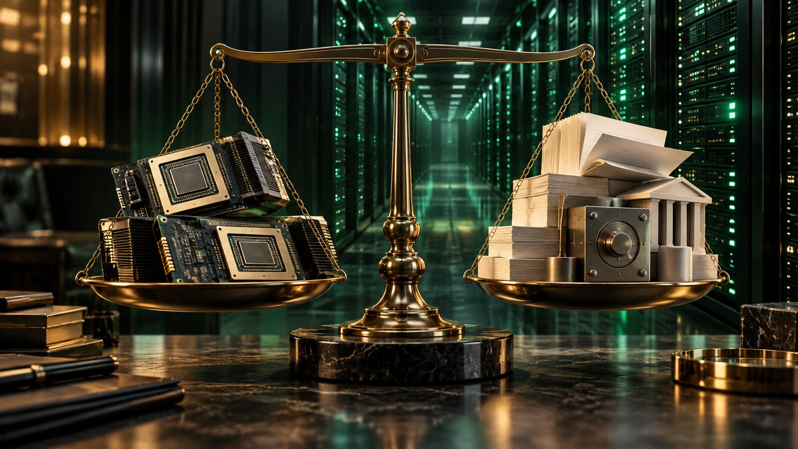 AI-generated illustration of generic accelerator chips balanced against abstract financing documents in a data center; it is not a photograph of Nvidia or any transaction.