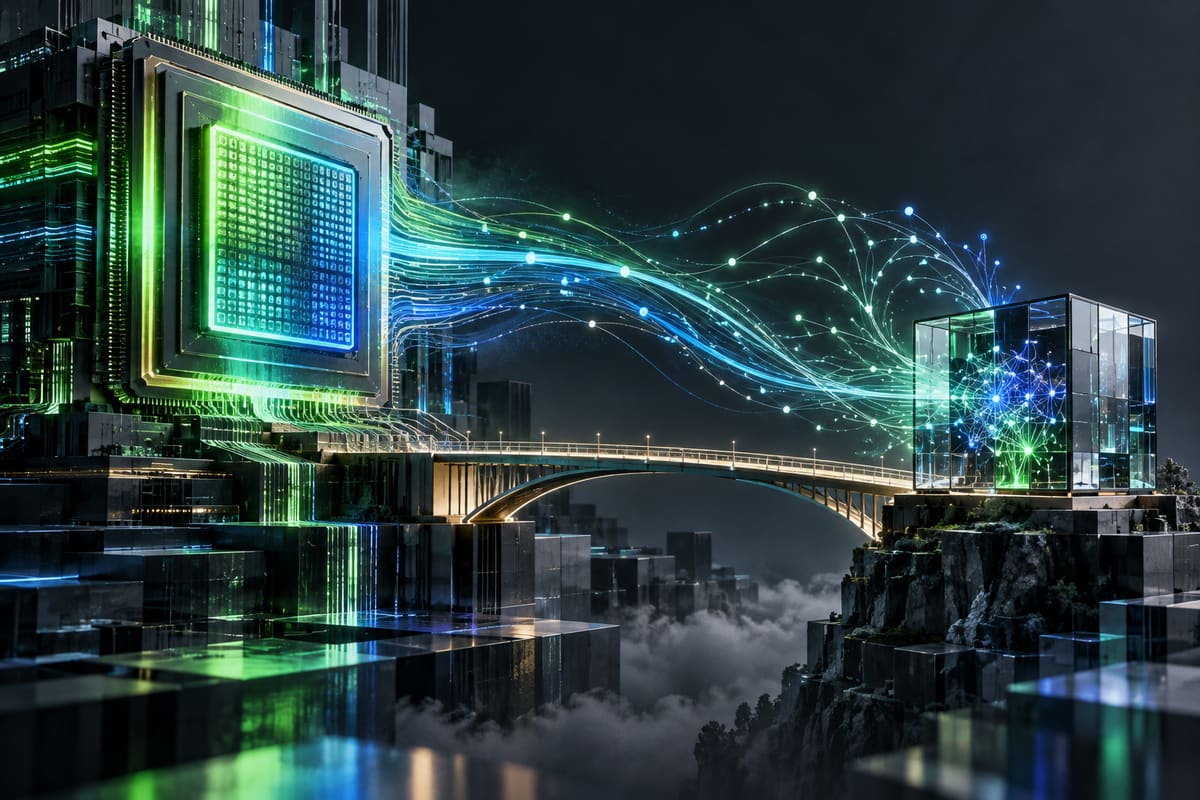 Conceptual illustration of a large AI processor linked to a smaller mirrored research laboratory