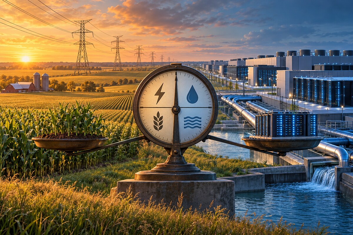 AI-generated illustration of farmland, power lines and a fictional data-centre campus balanced across a large meter; it is not a photograph of any Ohio project.