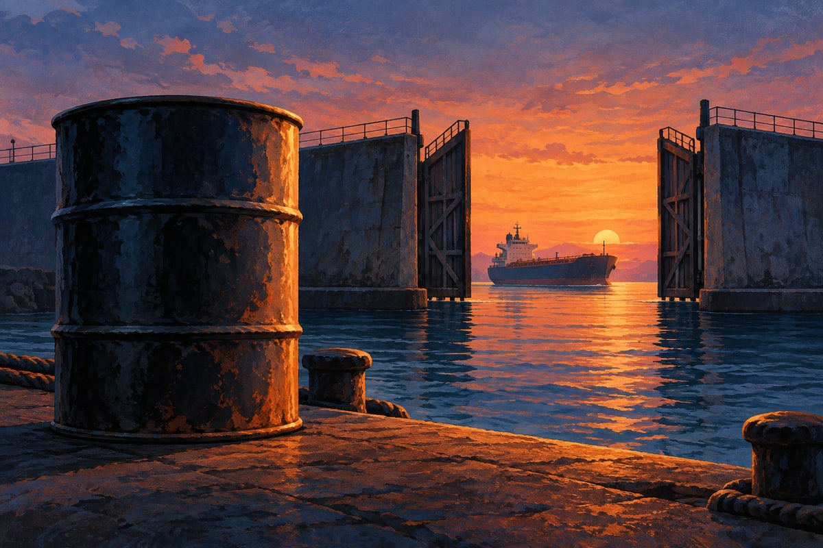 Illustrated oil barrel beside an opening harbour gate and tanker sculpture