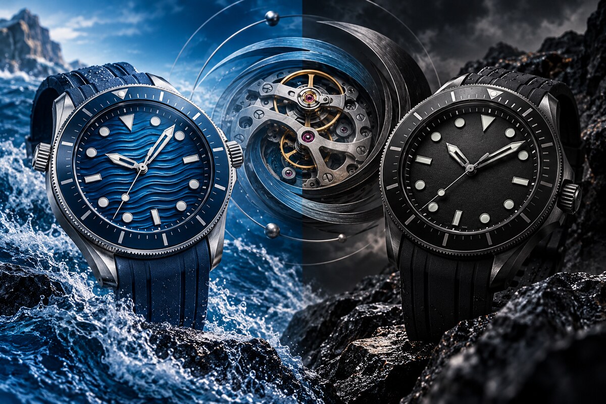AI-generated illustration of two fictional blue and black dive watches with an exposed movement; it is not a photograph or rendering of Omega's collection.