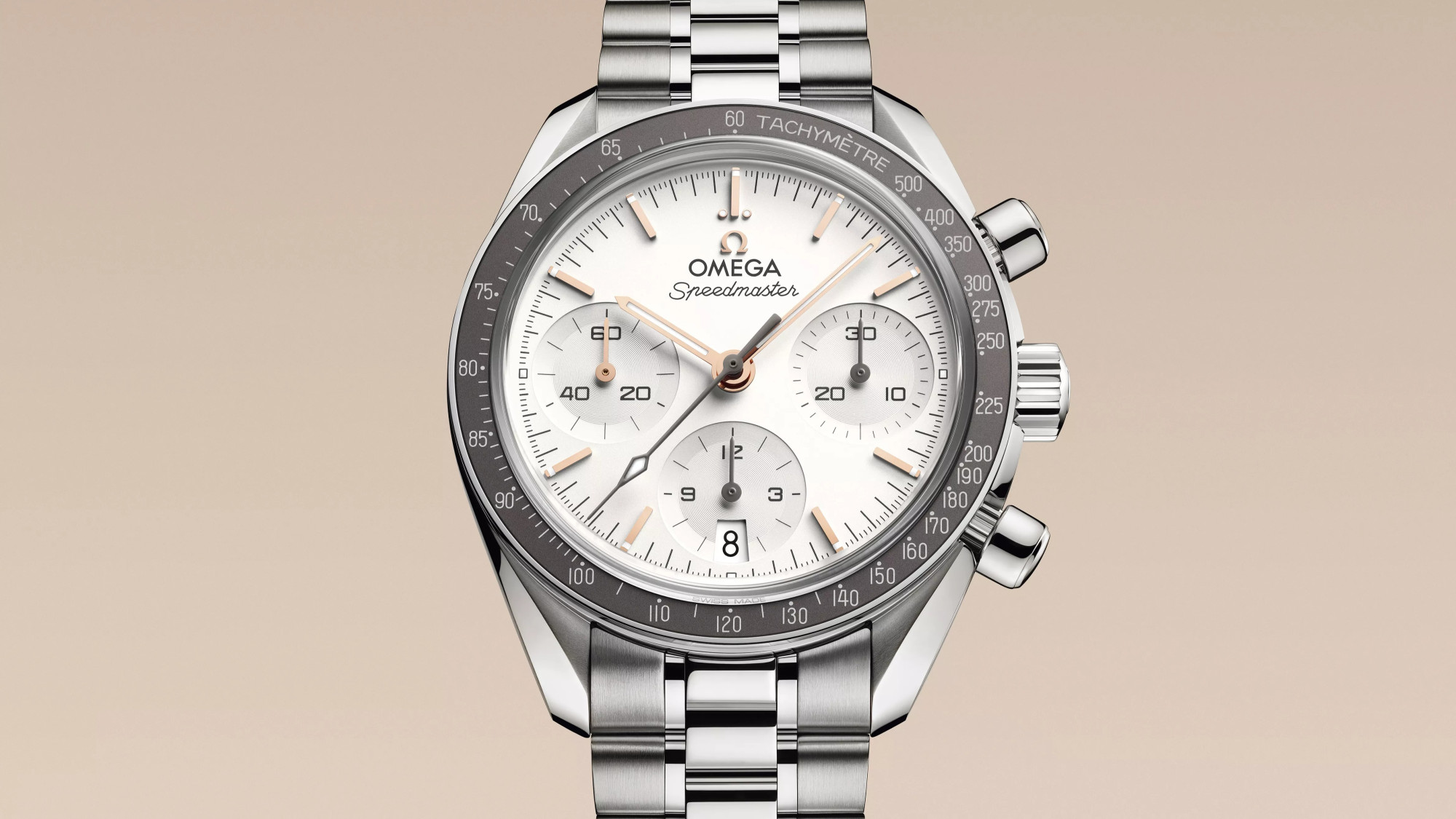 OMEGA Speedmaster 38 mm watch with a silvery dial and steel bracelet