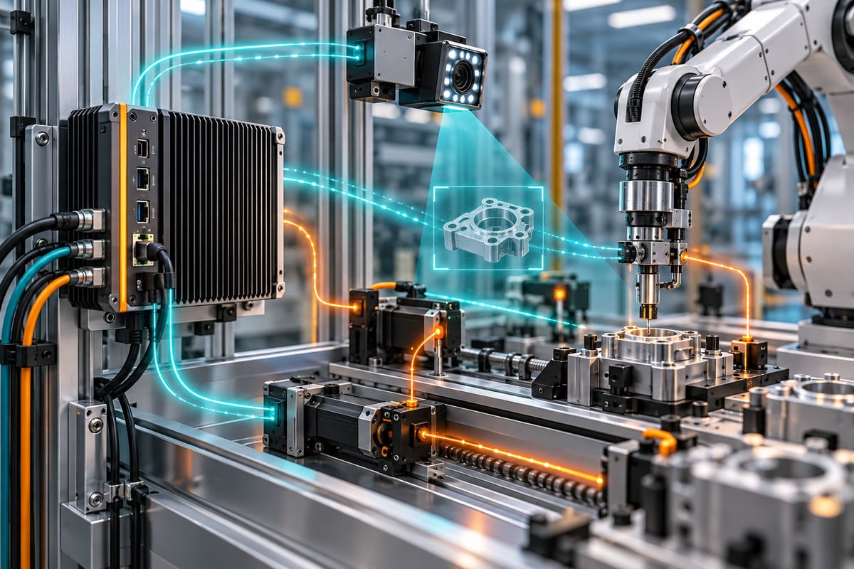 Conceptual industrial computer linked to a robotic assembly cell