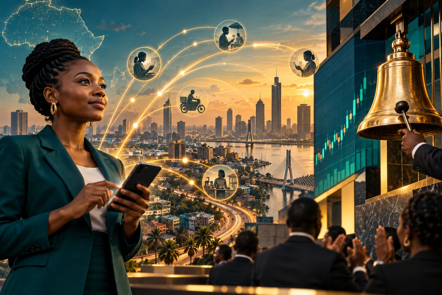 Conceptual emerging-market mobile payments network reaching a stock-exchange milestone
