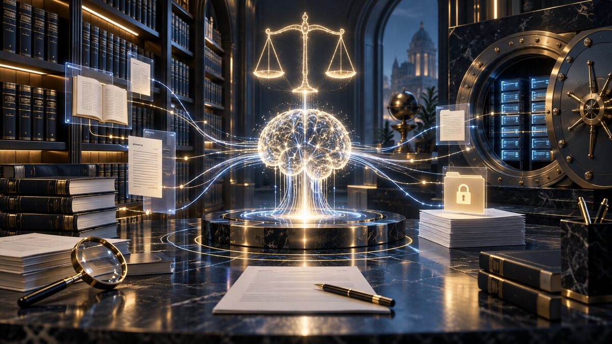 AI-generated illustration. An abstract legal library, illuminated scales and a secure reasoning engine; not a photograph of the platform or a law firm.