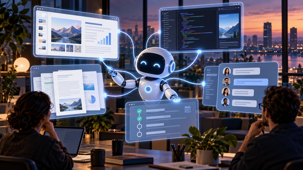 AI-generated illustration of an autonomous office agent coordinating documents, code and messages; it is not a photograph of OpenAI's launch.