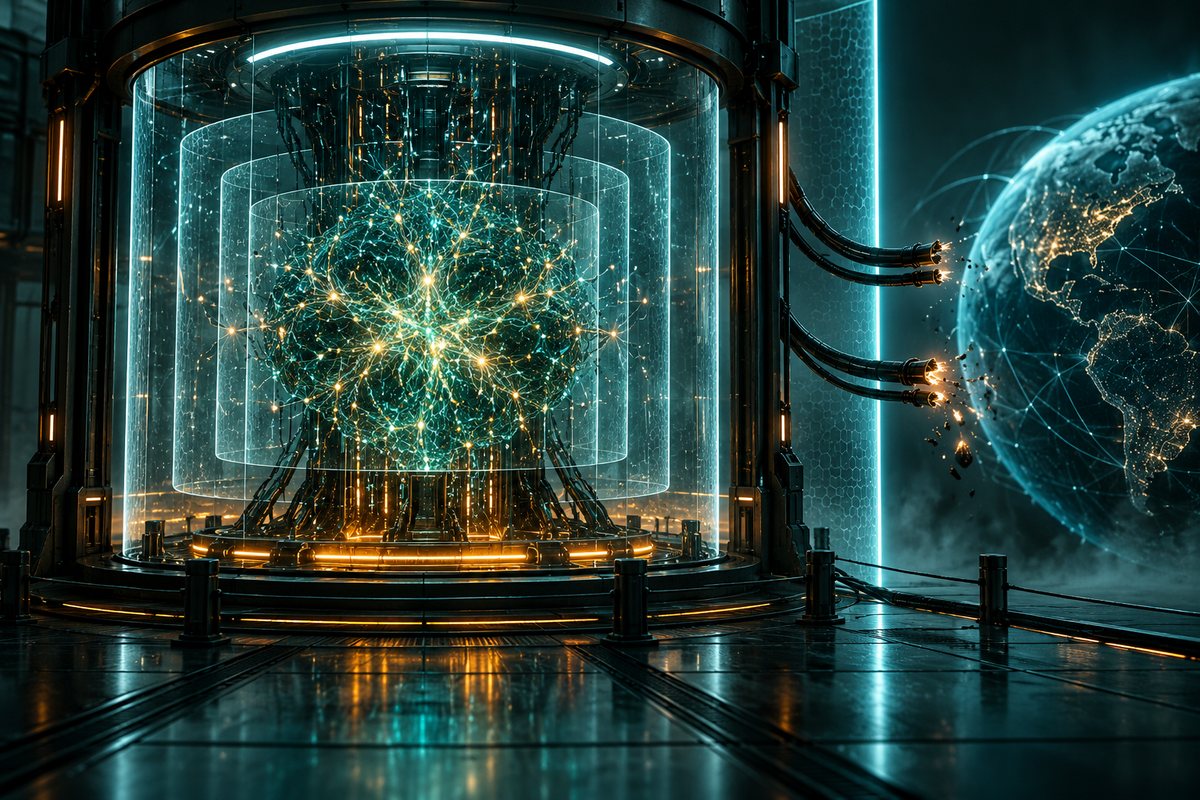 Original conceptual neural network isolated inside a sealed computing chamber