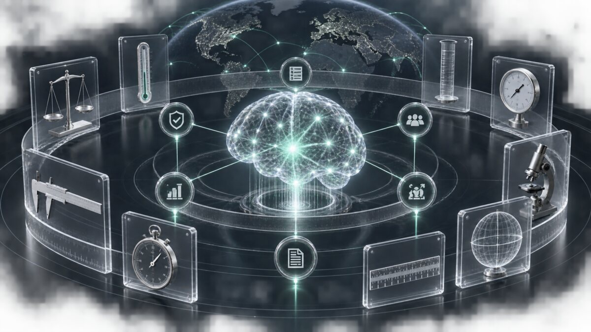 AI-generated illustration. Transparent measurement instruments surround a neural core and global links; not an OpenAI system or real standards meeting.
