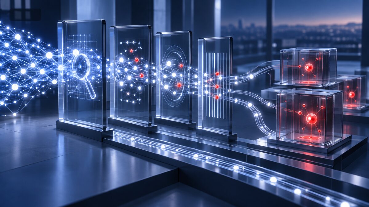 AI-generated illustration. Conceptual neural network moving through transparent audit gates with anomalies isolated; not a real AI system or incident record.