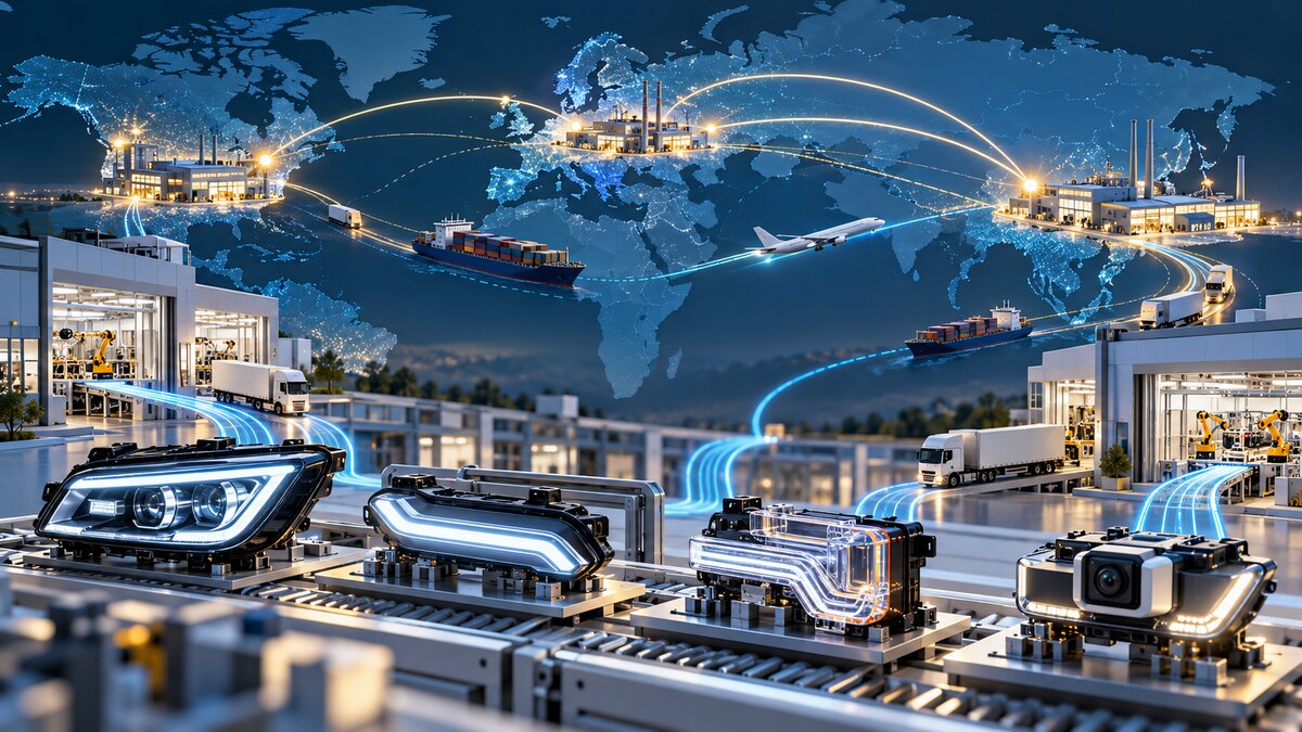 AI-generated illustration of automotive lighting modules moving through a global supplier network; it is not a photograph of OPmobility or Hyundai Mobis facilities.
