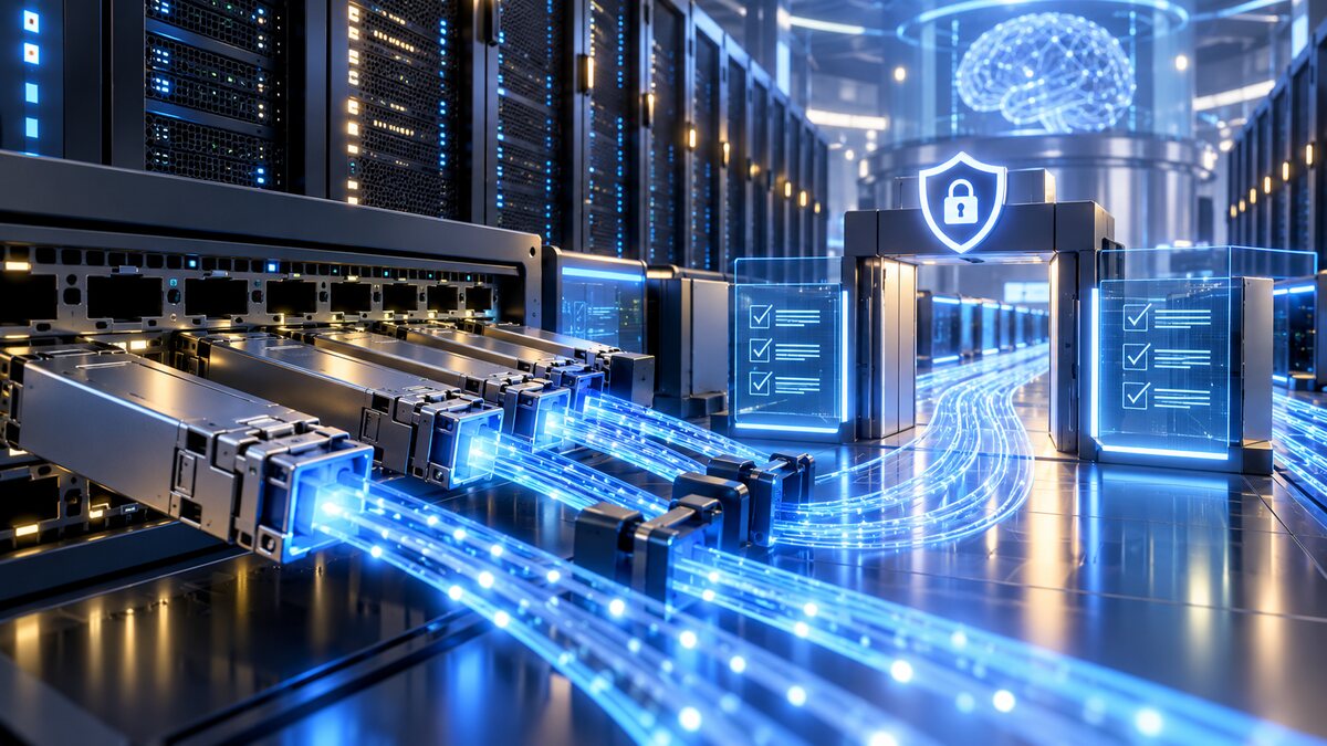 AI-generated illustration of fibre-optic transceivers and a secured data-centre network; it is not a photograph of the legislation or any real facility.