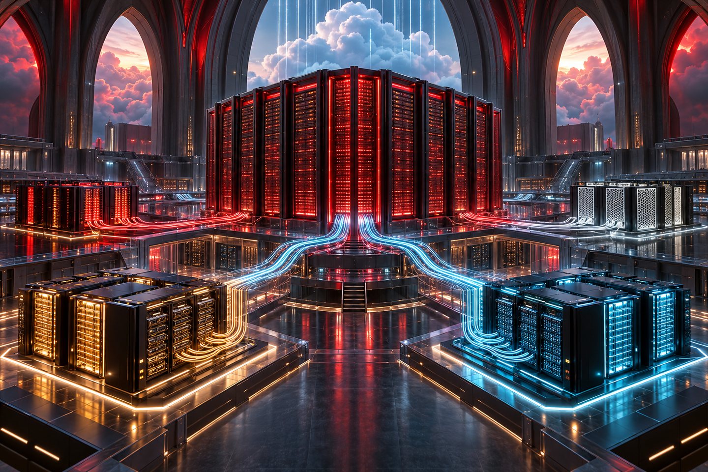 Original conceptual illustration of several accelerator architectures feeding one cloud-computing fabric