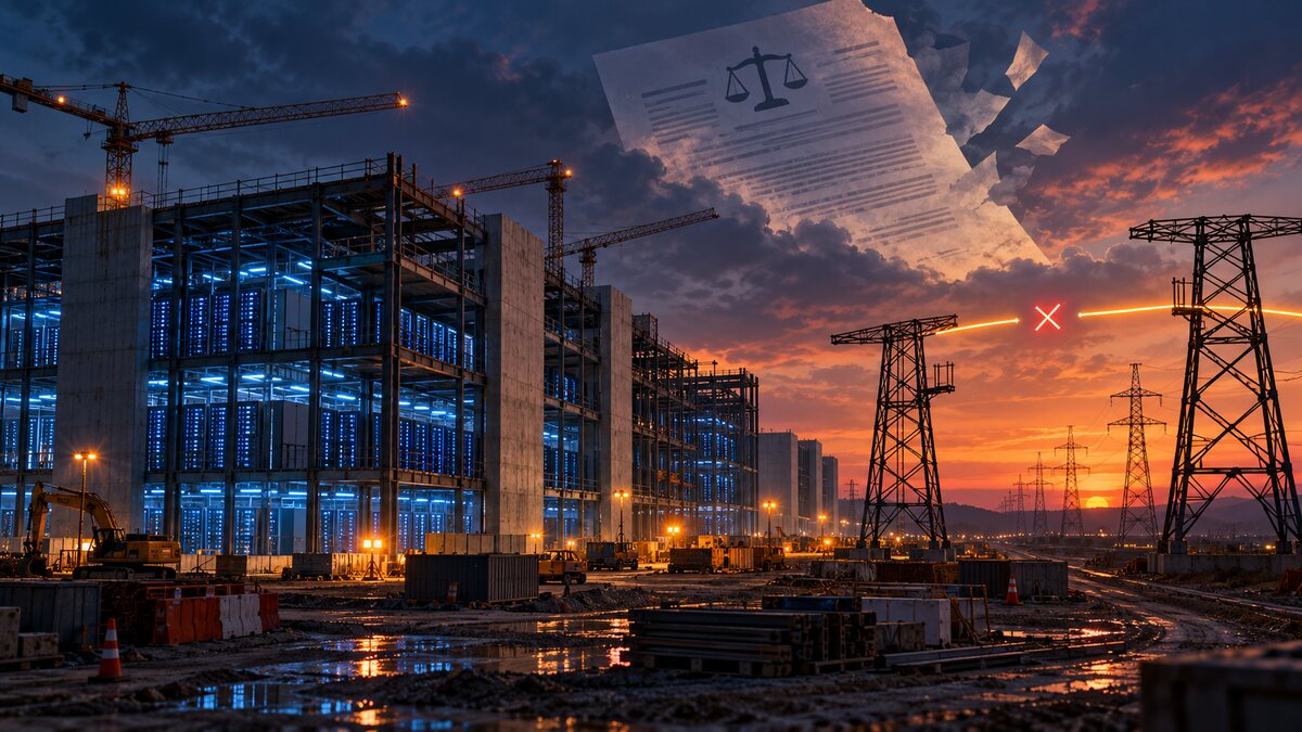 AI-generated illustration of a half-built data-center campus and paused power line; it is not Project Jupiter or an Oracle facility.