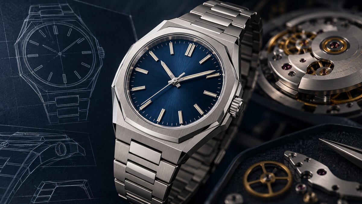 AI-generated illustration of a fictional blue-dial integrated-bracelet watch beside abstract movement parts; it is not an Orient Flusso product image.