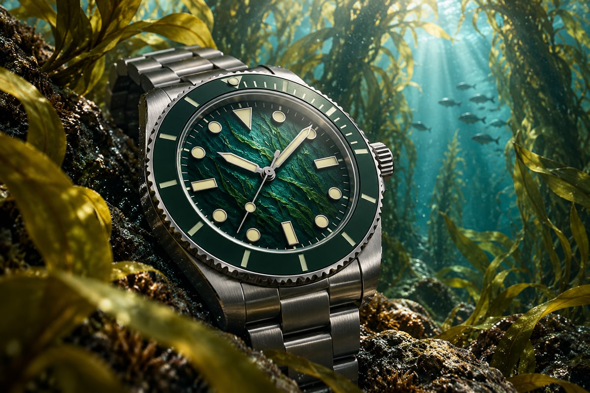 Original conceptual green-dial dive watch among underwater kelp
