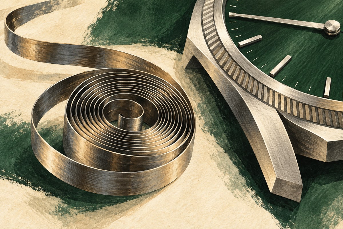 Illustrated coiled mainspring beside an abstract steel watch case and pine-green dial