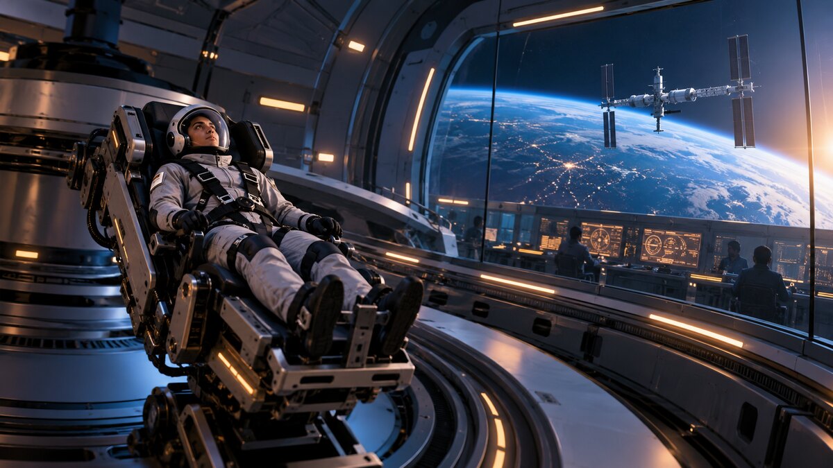 AI-generated illustration of an anonymous astronaut trainee in a centrifuge simulator with an orbital station beyond; it is not a photograph of either Pakistani pilot.
