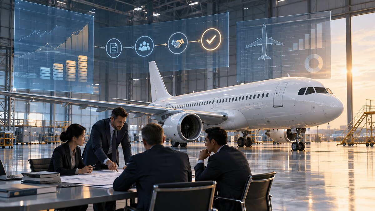 AI-generated illustration of an unbranded passenger jet and a financing meeting inside a hangar; it is not a photograph of the talks or a PIA aircraft.