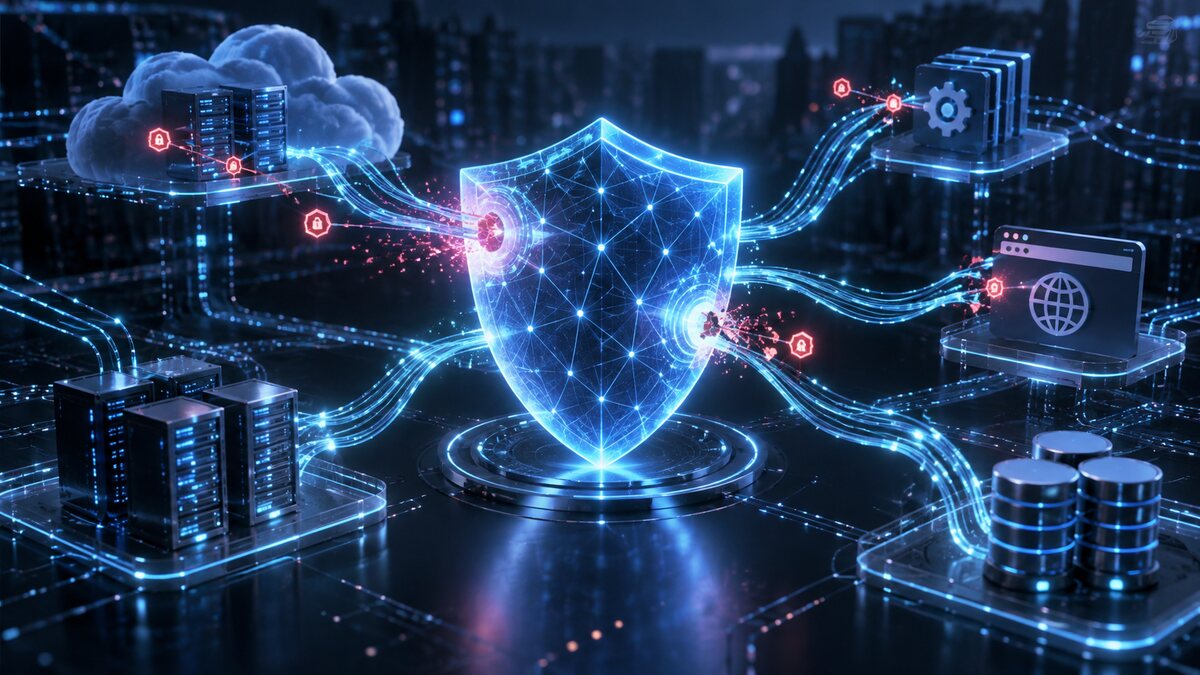 AI-generated illustration. An abstract defensive mesh scans cloud, API and application nodes; it is not a Palo Alto Networks interface.