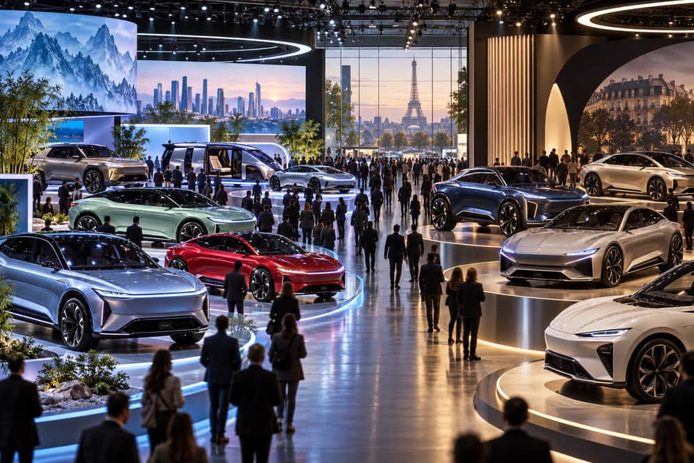 AI-generated illustration of an unbranded international motor-show hall filled with electric and hybrid concept cars in Paris; it does not depict the actual 2026 exhibition.