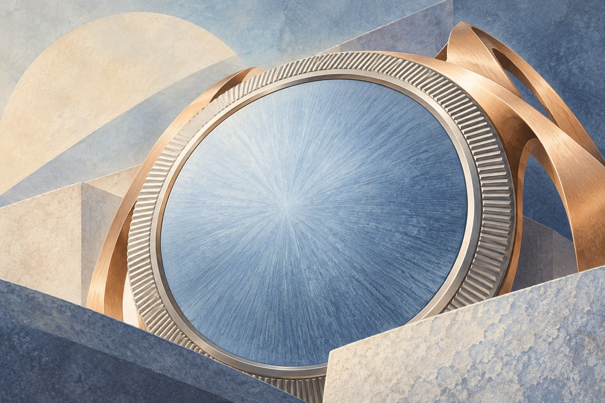 Conceptual pale-blue dial texture with a platinum-colored ring and rose-gold shapes