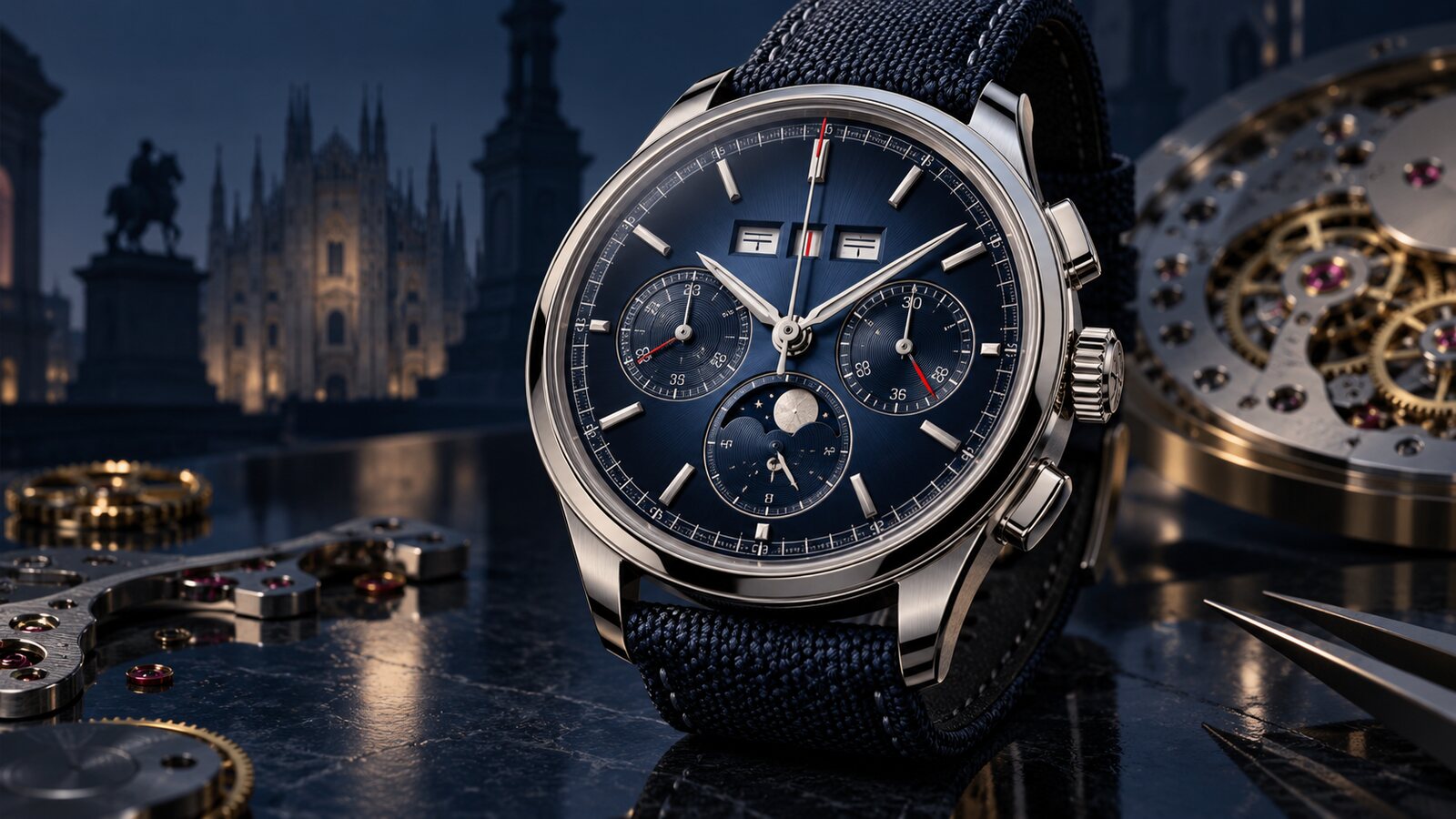 AI-generated illustration of a fictional platinum perpetual-calendar chronograph with a navy dial; it is not an official Patek Philippe product photograph.