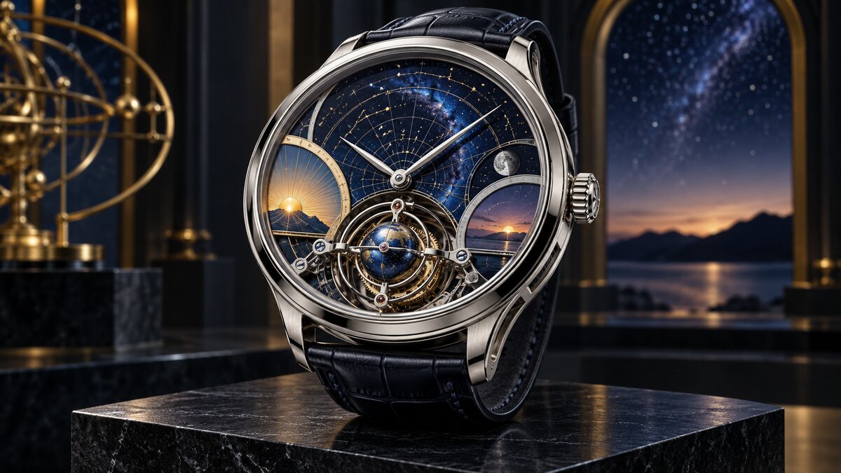 AI-generated illustration of a fictional unbranded celestial wristwatch with sunrise and sunset arcs; it is not the Patek Philippe 6105G.