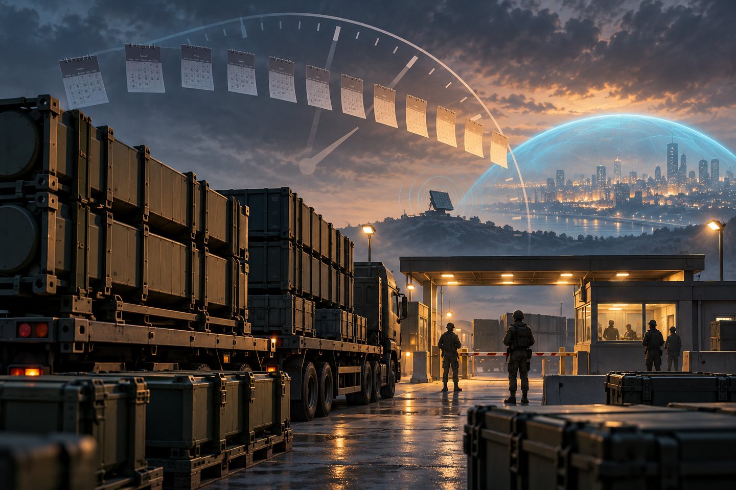 Original conceptual illustration of defensive interceptor canisters waiting at a logistics checkpoint beneath a clock