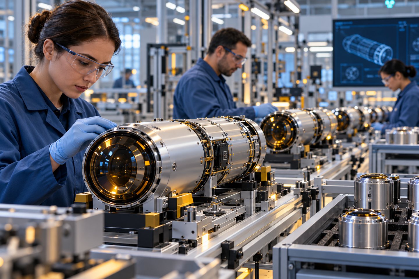 Conceptual aerospace-electronics factory inspecting sealed guidance and sensor modules