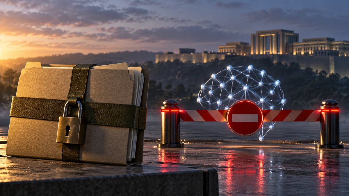 AI-generated illustration of a restricted military AI contract and a blocked neural-network symbol; it is not a courtroom or Pentagon photograph.
