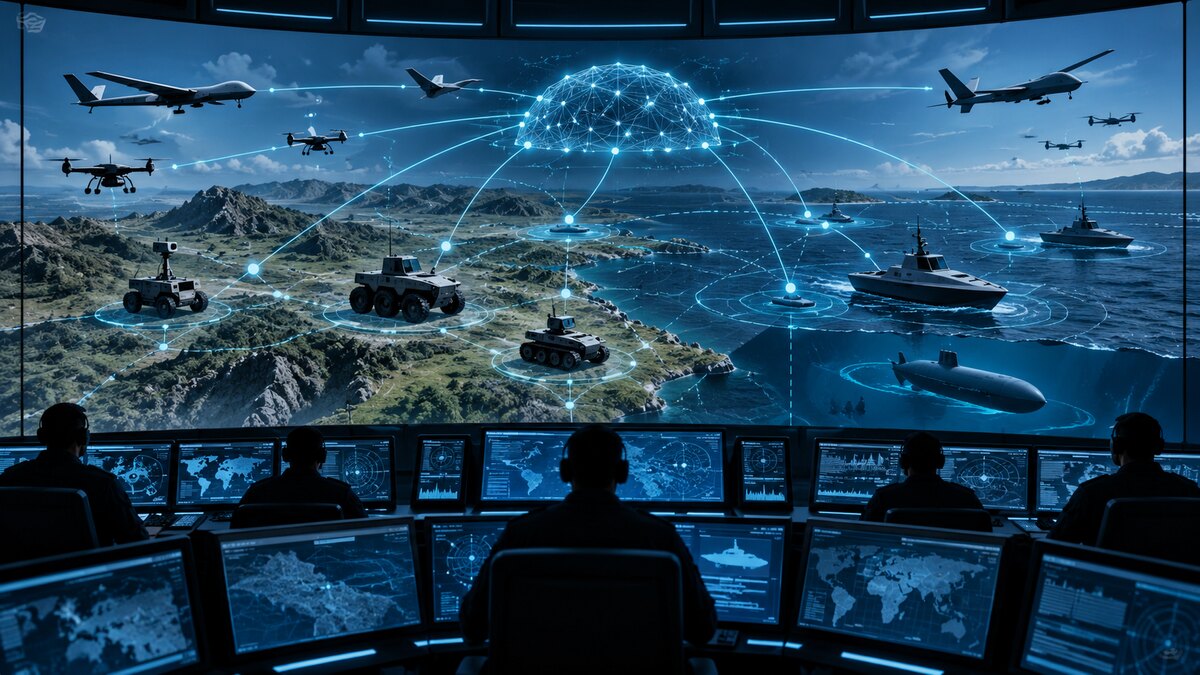AI-generated illustration of a fictional command centre linking uncrewed air, land and maritime systems; it is not a photograph of the Pentagon announcement.