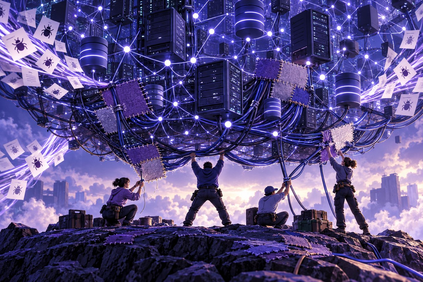 Original conceptual illustration of a small maintenance team patching a vast web infrastructure network