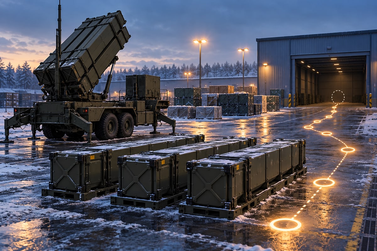 Conceptual air-defence launcher and sealed canisters waiting in a logistics depot
