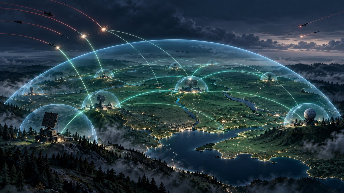 AI-generated illustration. Abstract air-defense shields and linked radar nodes over a stylized European landscape; not an operational deployment or combat scene.